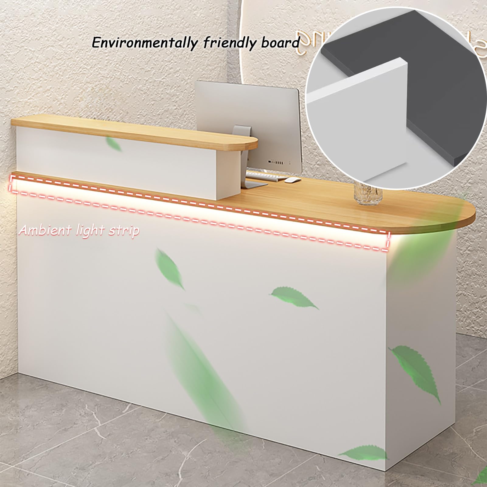 Bancone Reception Moderno a LED con cassetto e mobiletto, Tavolo Cassa Bianco per Negozio al Dettaglio, Reception con Spazio di archiviazione (110x55x100 cm) - Elegante e Funzionale