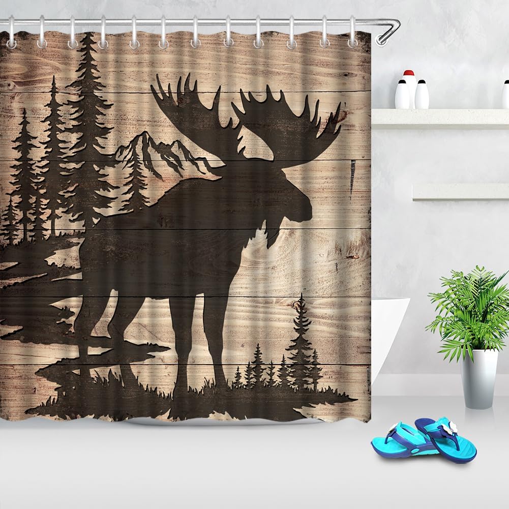 Moose in Forest Silhouette Cabin Shower Curtain Woodland Print Bathroom Decor Curtains 72 x 72 inches