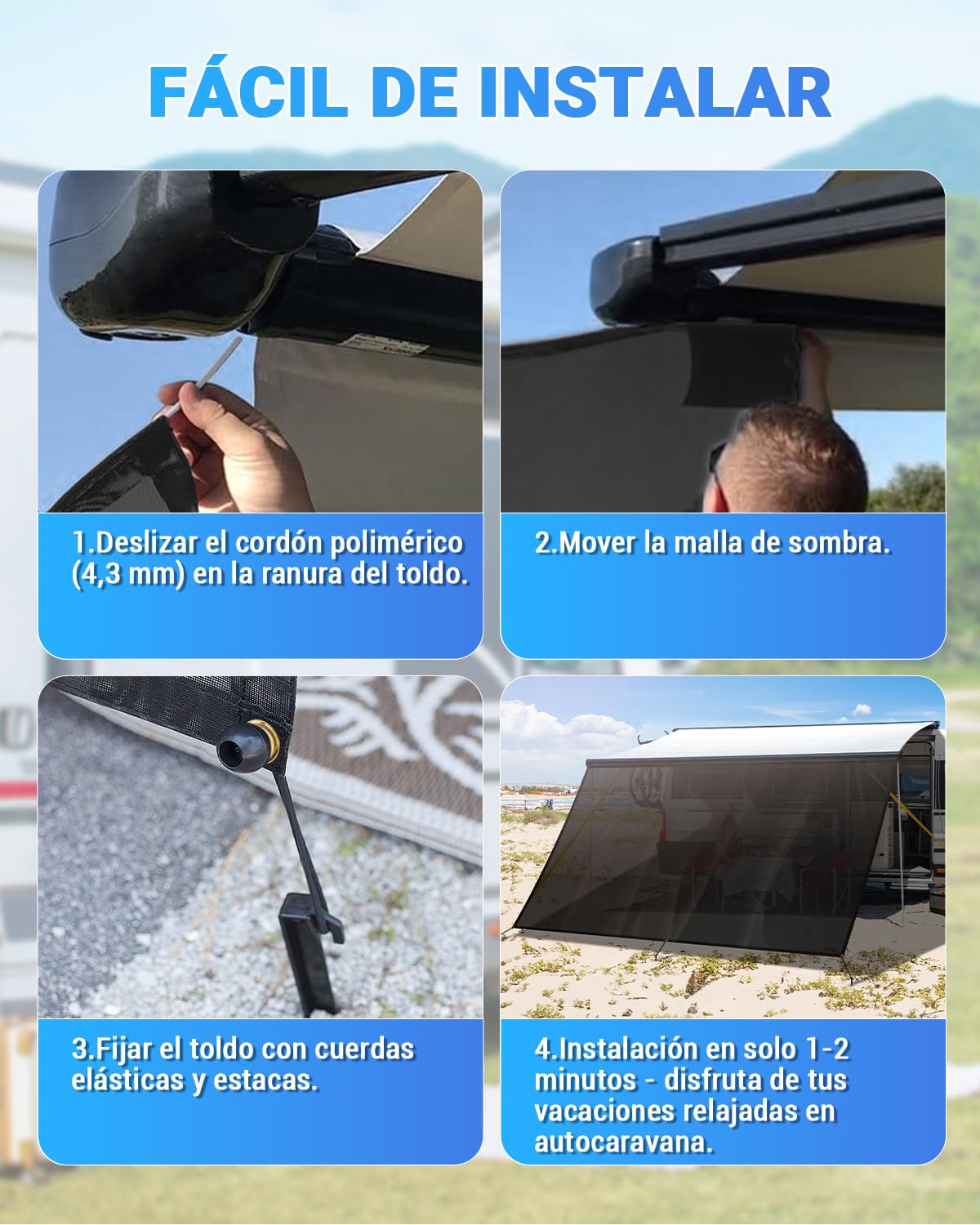 SUPAREE Protección Solar para Autocaravana Toldo Pared Caravana Toldo para Caravana Universal Sun Blocker UV Protection de Privacidad con Kits Completos 3,7 x 2,46m
