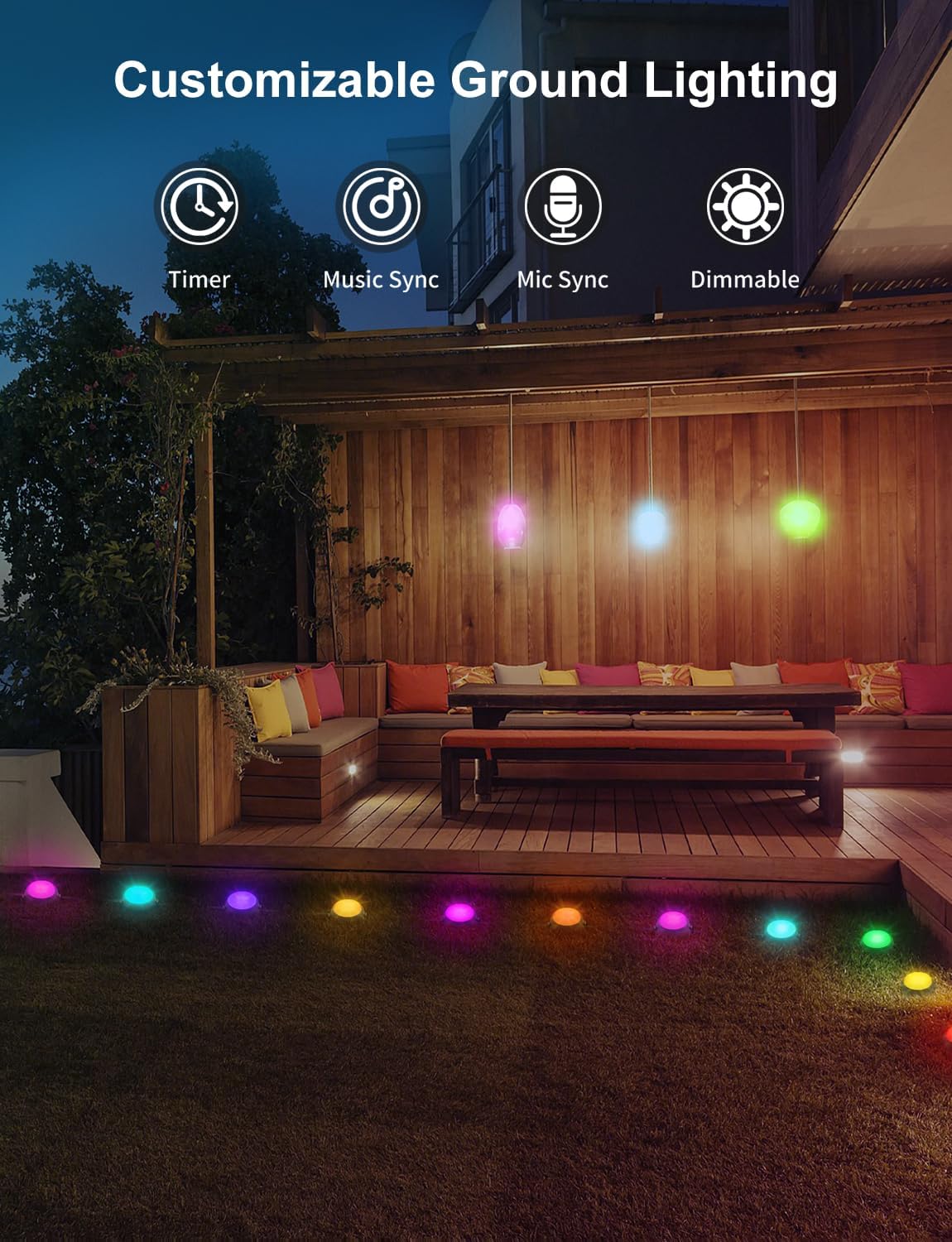Customizable Ground Lighting features: Timer, Music Sync, Mic Sync, Dimmable
