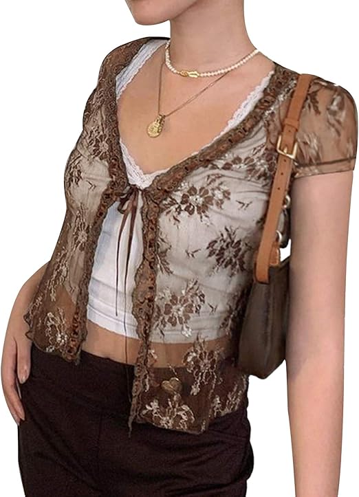 ROSVAJFY Durchsichtiges Spitzen Top Langarm - Mesh Bluse Mit Blumenstickerei Für Damen