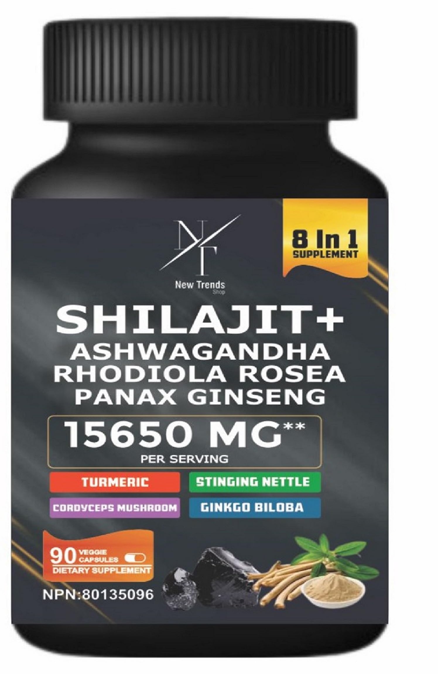 8-in-1 Shilajit Himalayan Organic Supplement with Shilajit 9000, Ashwagandha 2000MG, Rhodiola Rosea 1000MG, Panax Ginseng 1500MG, Cordyceps Mushroom 500MG, Gingko Biloba 500MG, Stinging Nettle 250MG, Turmeric (15,250 MG - 90 Caps)