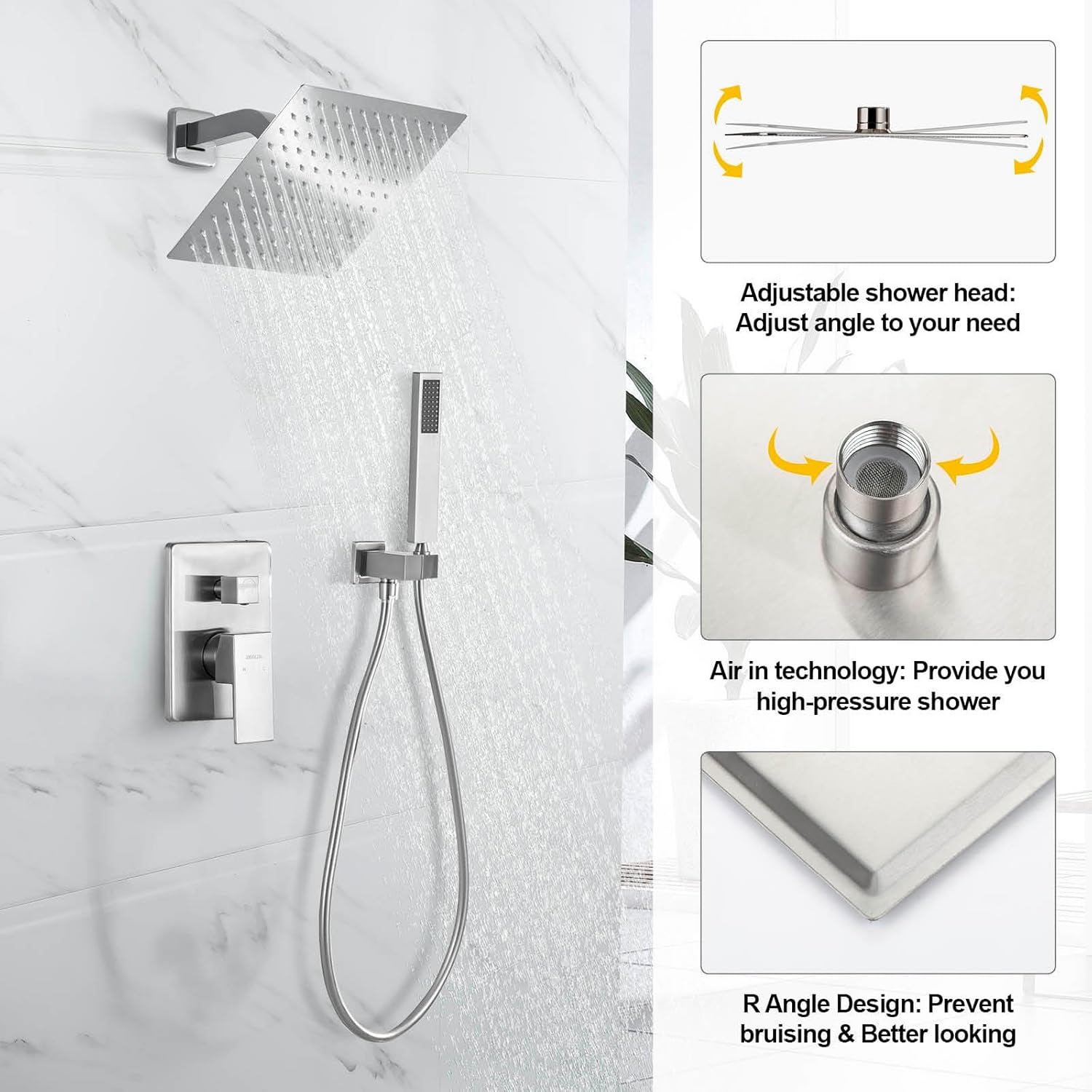 Rain Shower System with Handheld Shower, 10 Inch Wall Mounted Shower Faucet Set Bathroom Luxury Rain Mixer Shower Combo Set Rough-in Valve and Trim Kit, Brushed Nickel