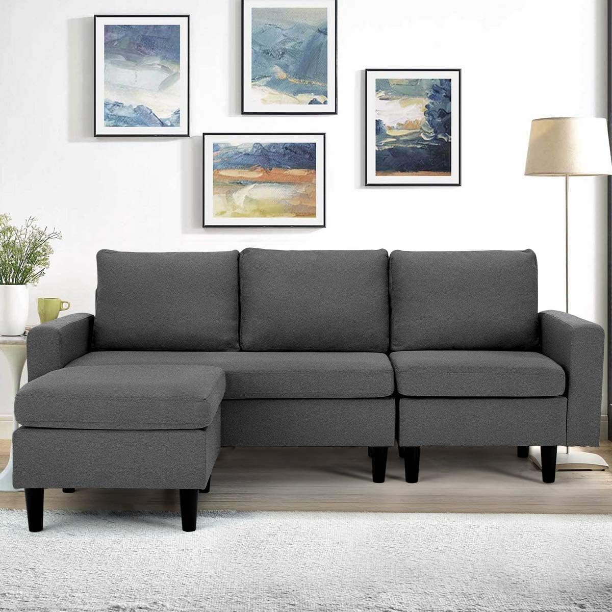 Esright Enlarged Convertible Sectional Sofa Couch, 3-seat Sofa Couch with Ottoman, L-Shaped Sofa with Modern Linen Fabric, for Living Room or Apartment, Update (Drak Gray)