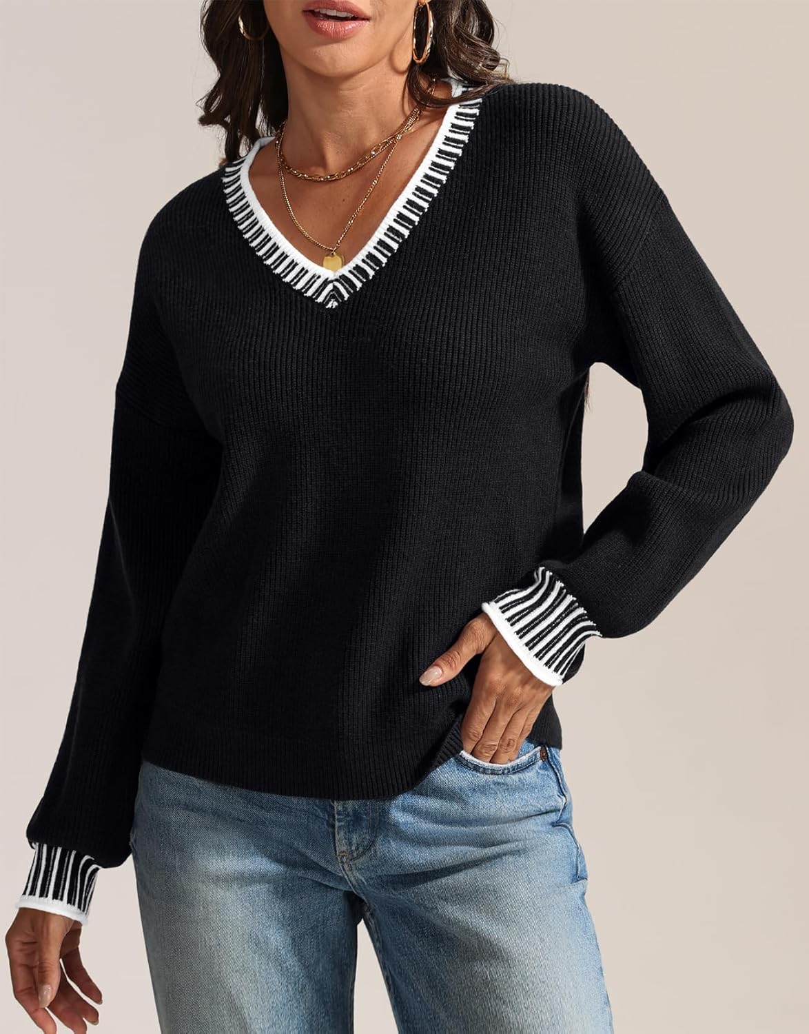 ATHMILE Womens Sweaters V Neck Long Sleeve Contrast Knit Casual Pullover Fall Winter Outfits Cute Tops 2026 - Image 3