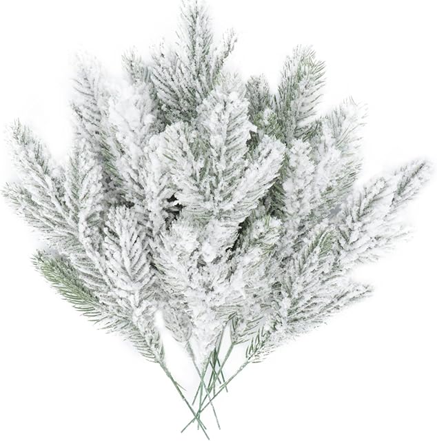 20 Pcs Snowy Artificial Pine Needles Branches Twigs 24cm Fake Frosted Pine Picks Greenery Stems Christmas Pine Tree Pick Winter Faux Fir Pine Sprays Twig for Crafts Wreaths Garlands Flower Arrangement