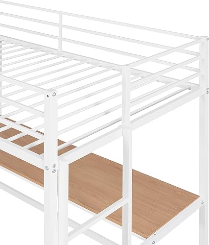 Miniatura 8 de Marco de cama de metal tipo loft de tamaño individual con escritorio y estantes de almacenamiento, marco de cama de metal con barandilla segura y