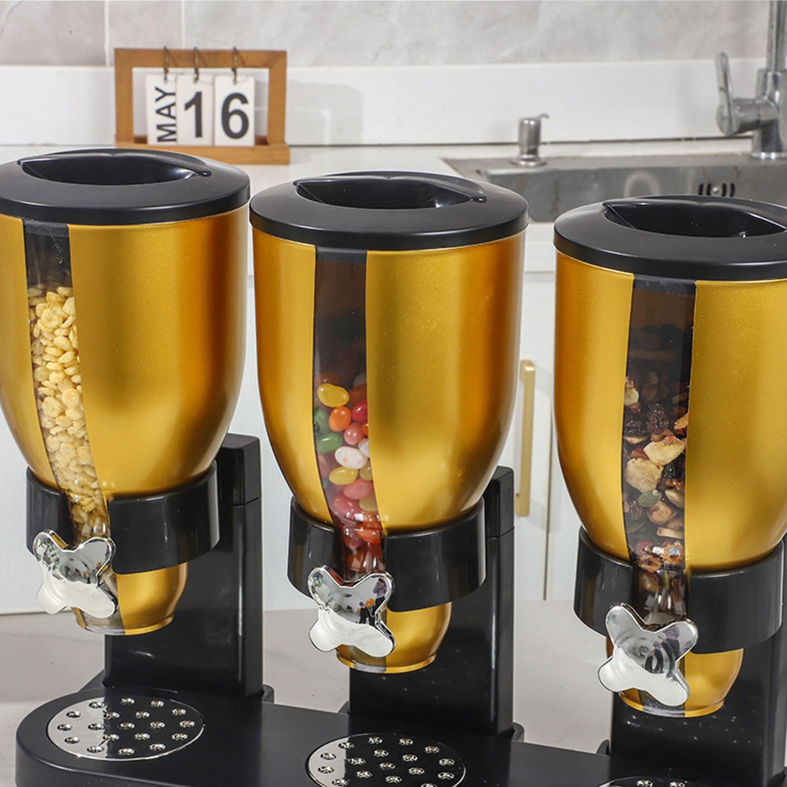 Distributore di Cereali da Banco, Dispenser di Cibo Secco, Contenitori per Snack con Coperchio per Cereali, Noci, Caramelle, Snack, Riso, Farina D'avena, Cibo per Animali Domestici(Gold,3.5L)