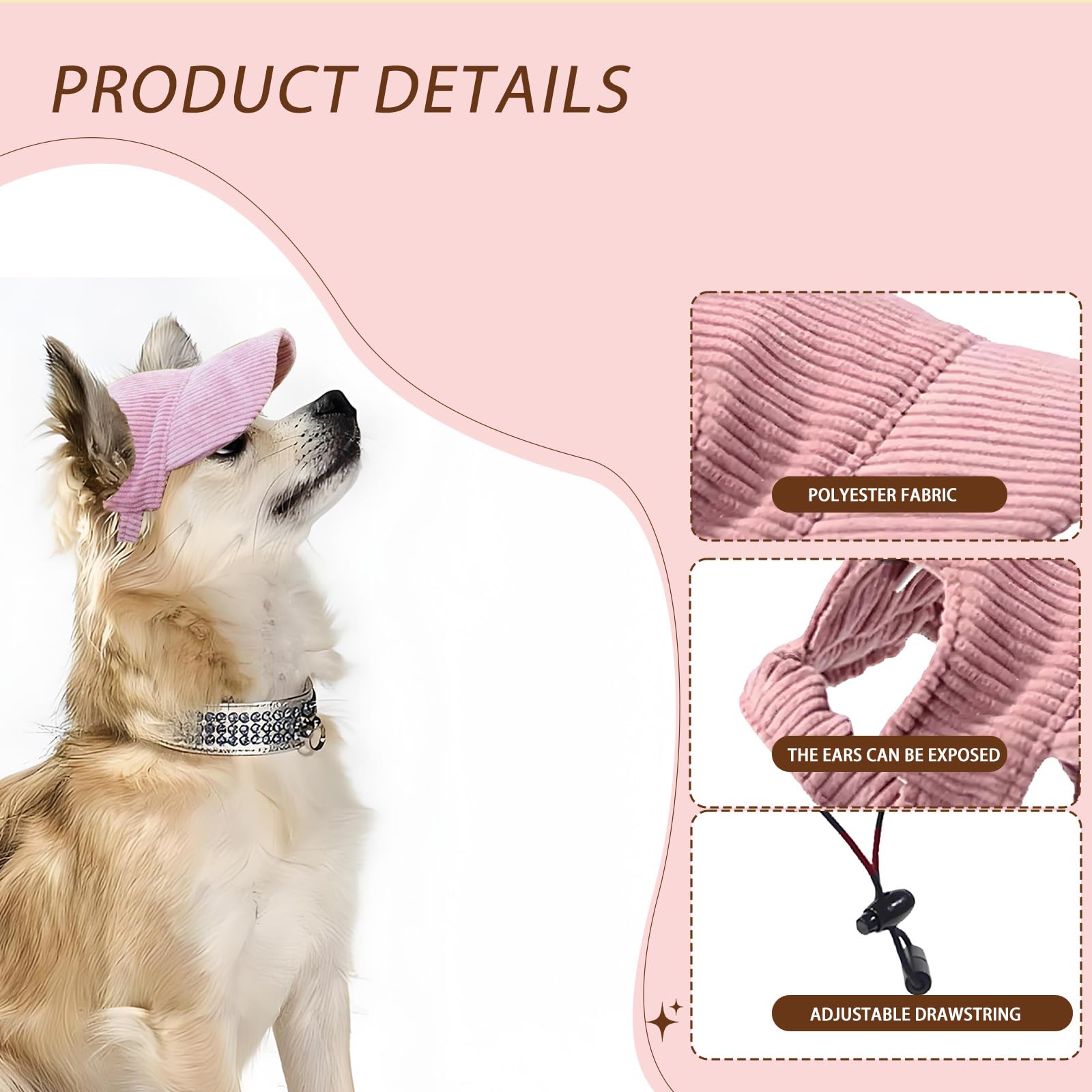 Dog Hats for Small Dogs Hats for Dogs Pink Dog Sun Hat Adjustable Pet Hat with Ear Holes Sun Protection for Short-Haired Small Medium Pet Outdoor Activities Accessory Diameter 19cm - Image 3