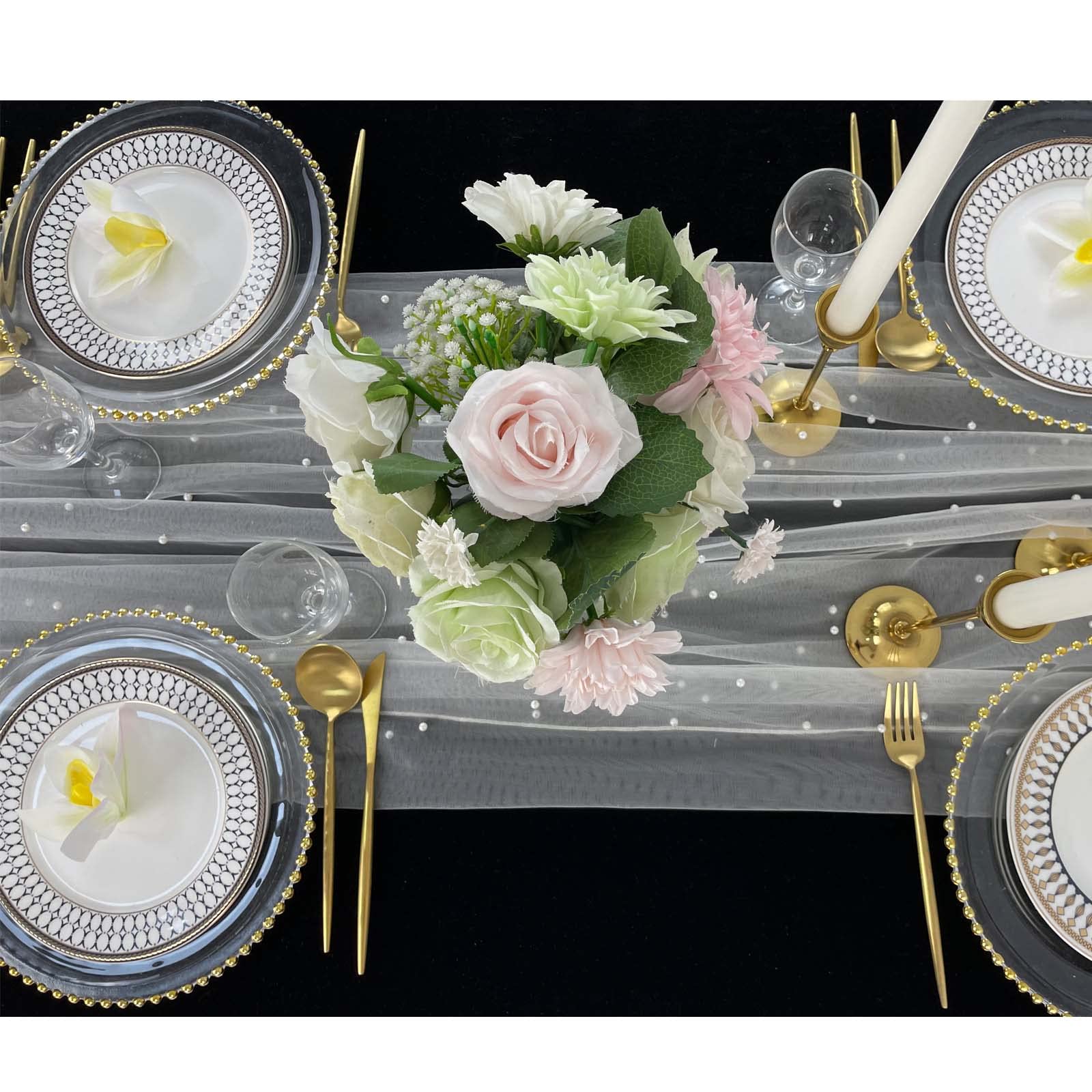 4 pezzi 3 m 152 x 305 cm bianco perla tovaglia elegante poliestere runner da tavola con accenti di perle artificiali extra lungo tulle runner da tavola per matrimoni