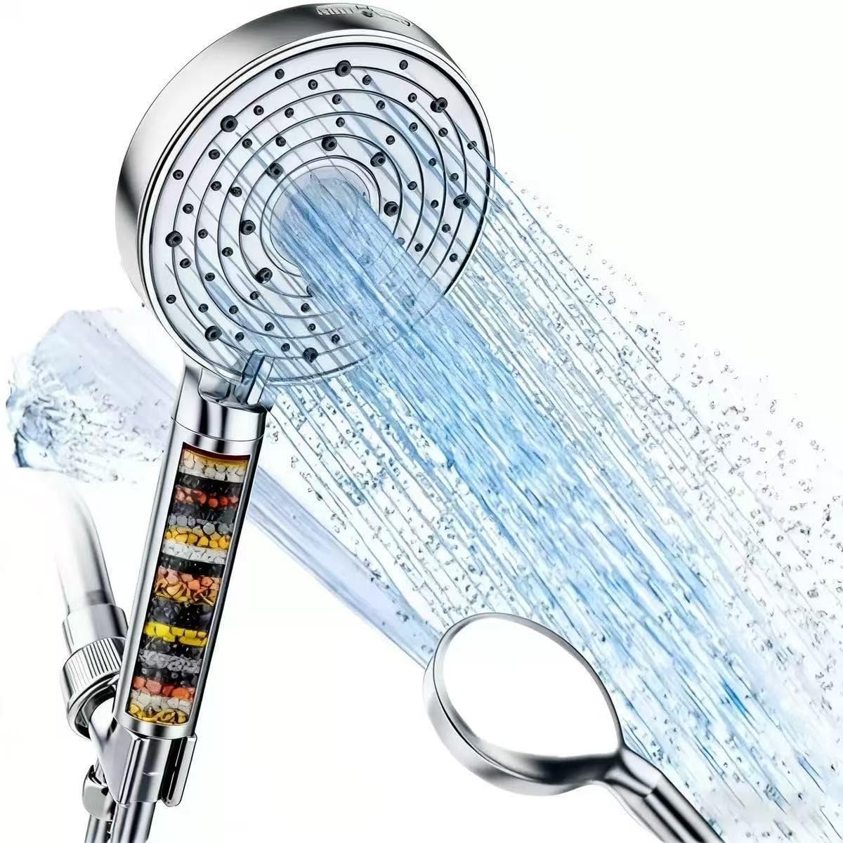 Cabezal de Ducha portátil con Cartucho de Filtro reemplazable, 8 Modos de rociado, Lavado Potente, Kit de Ducha ABS con Manguera de Acero Inoxidable de 71 Pulgadas,Plata,Single