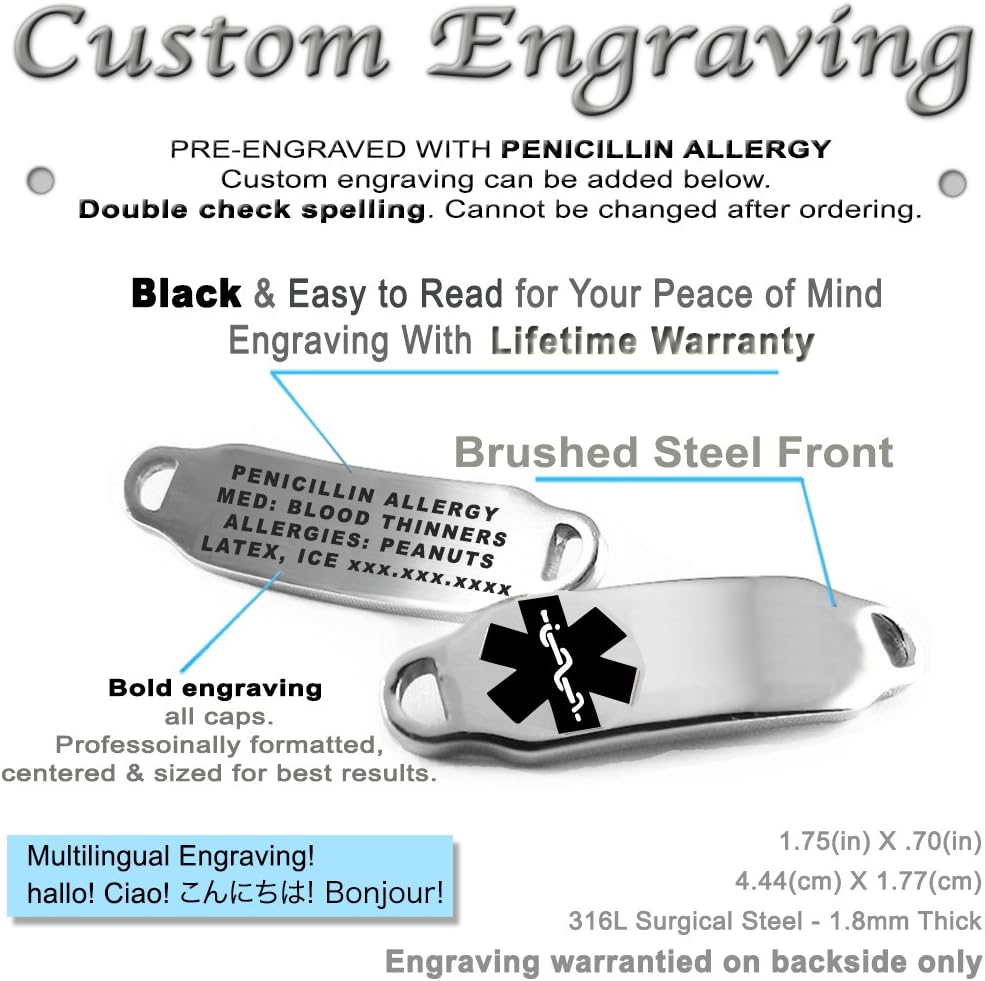 Pre-Engraved & Customized Penicillin Allergy ID Bracelet, Steel Raindrop, Black Symbol