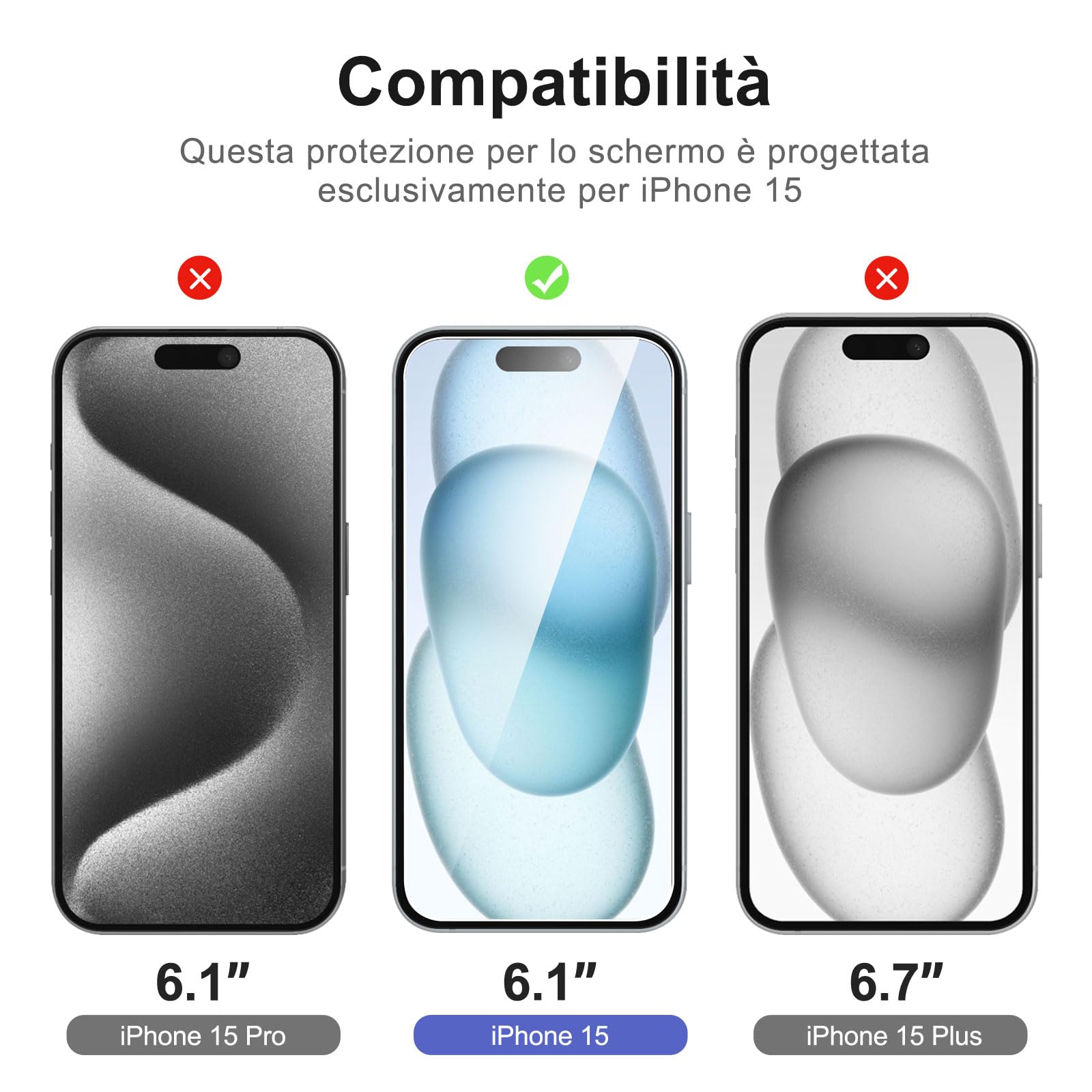 NEW'C 3 x Pellicola Vetro Temperato per iPhone 15 (6,1 Pollici) e 3 x Pellicola Vetro Protettiva Fotocamera Posteriore + Tappo Antipolvere-Strumento di installazione semplice incluso-Ultra resistente