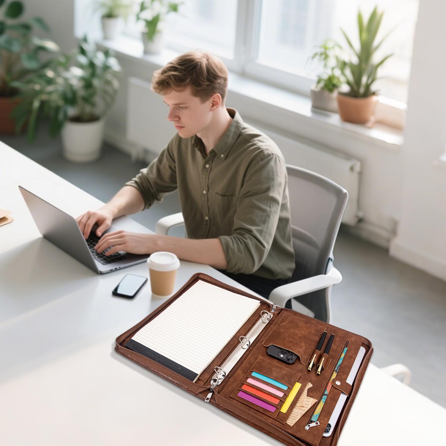 Calfinder 3 Ring Portfolio Binder with Zipper,Leather Padfolio for Men&Women,Business Portfolio Organizer with Tablet/Documents Holder,Leather Padfolio Binder for Interview/Office,Valentine's Day Gift - Image 2