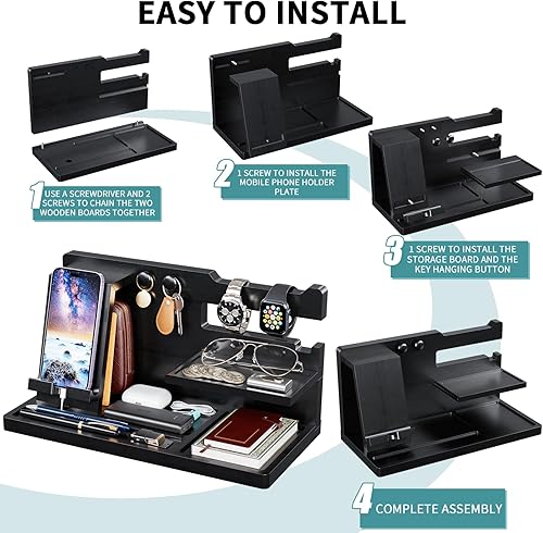 Miniatura 15 de Yirilan Wood Phone Docking Station for Man, Nightstand Charging Organizer and Cell Phone Stand, Birthday Gifts for Men, Dad, Anniversary, Key Black