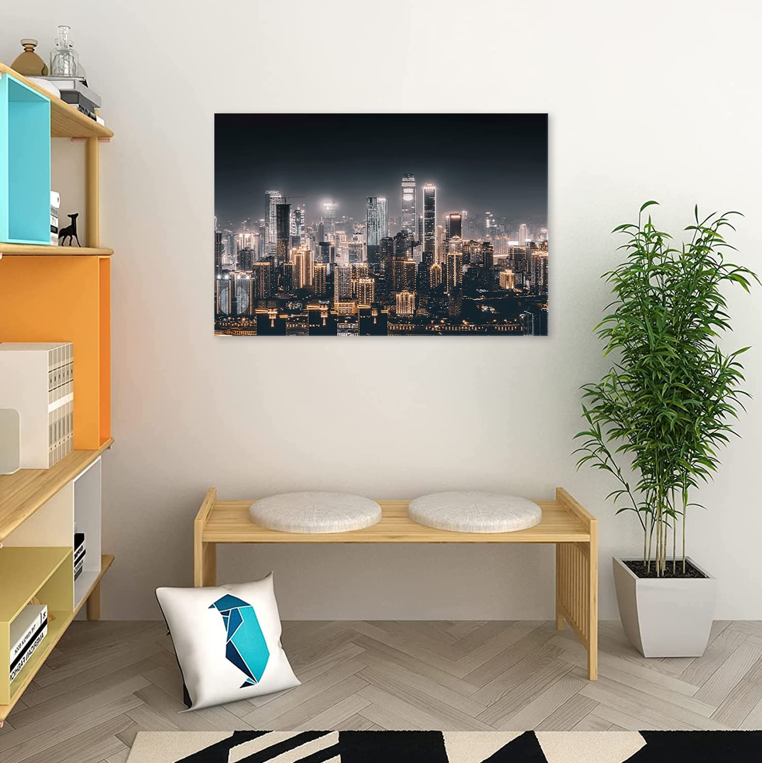 Amazon.co.jp: 絵画 街の建物の夜景ですインテリア 絵画 风景アート