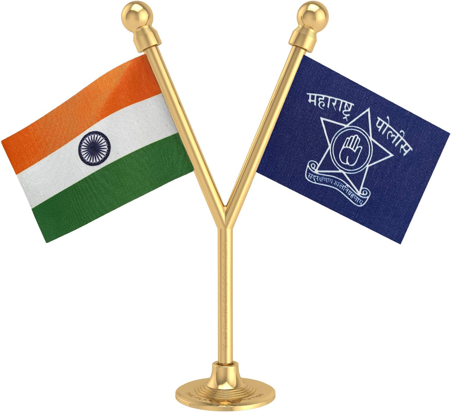 India & Maharashtra Police Miniature Car Dashboard Flags with A Gold-Plated Y-Staff & Nano Base