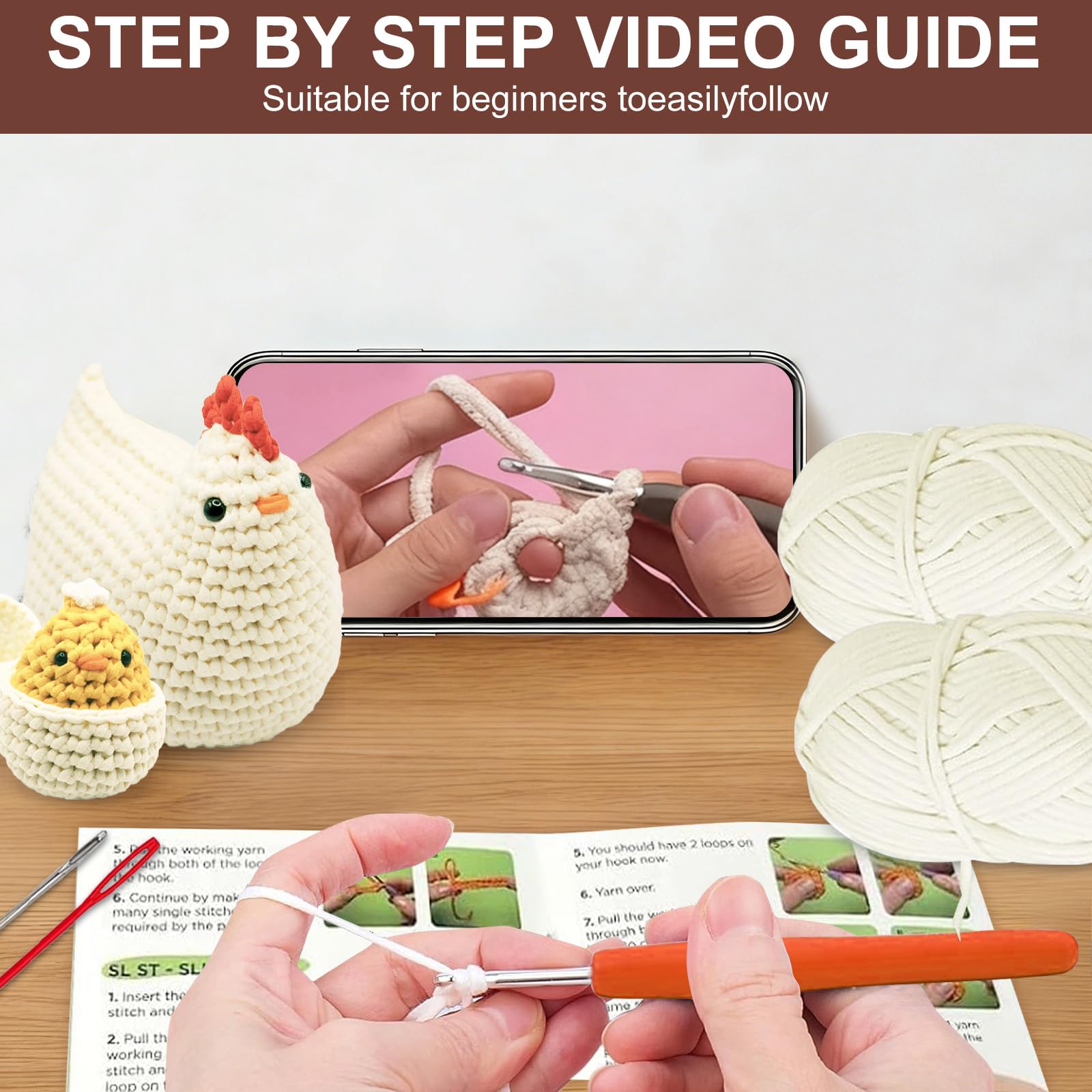 YushengTai Juego de ganchillo para pollitos principiantes, juego completo con hilo, aguja de ganchillo e instrucciones en vídeo - Animal Crochet paso a paso - Regalos para adultos y niños