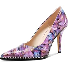 TNYNFBEB Womens Stiletto Mid Heel Pointed Toe Pumps Slip-on Sliver Beaded Prom Wedding Dress Basic Classic Patent Leather 3.5 Inches Heels