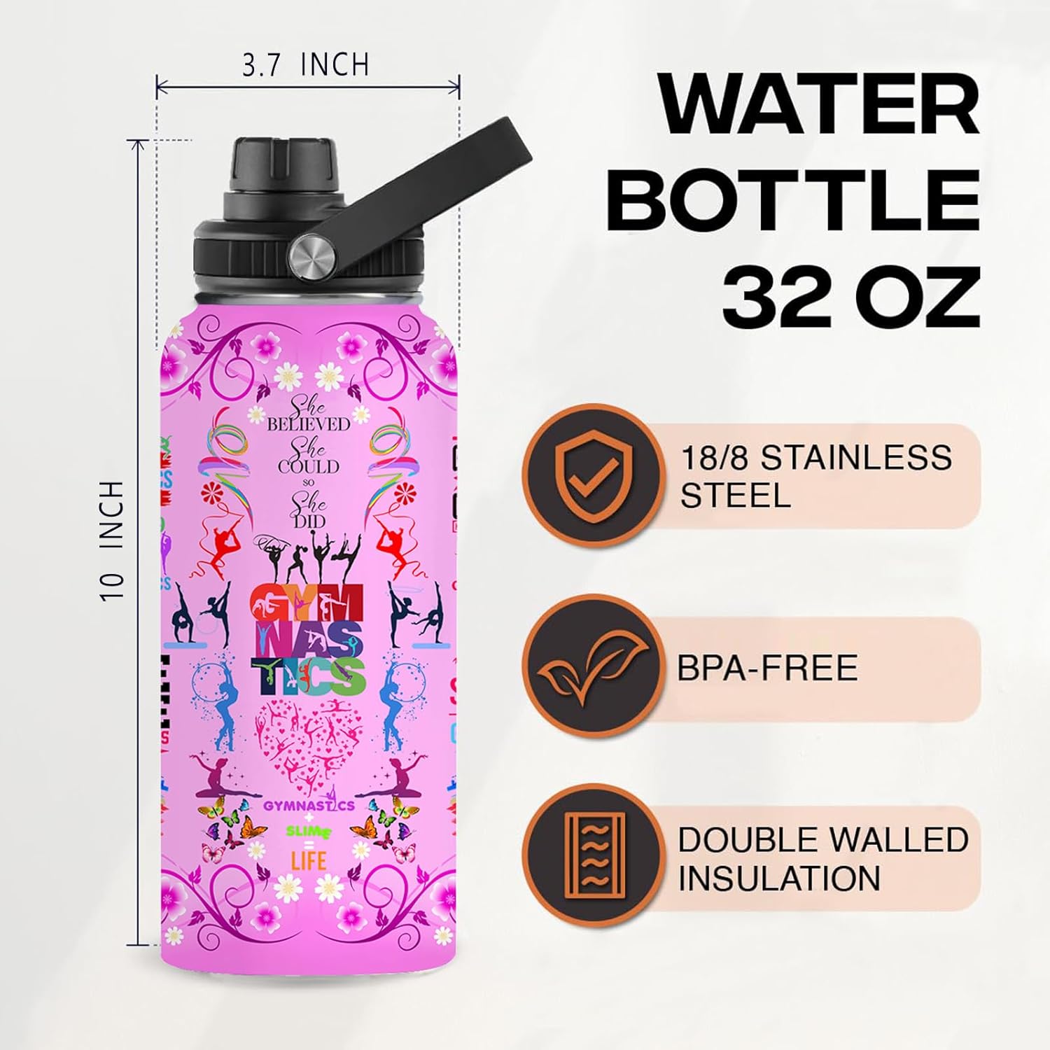 Gymnastics Water Bottle 32oz Gymnastics Stainless Steel Tumbler Gymnastics Insulated Bottles For Men Women Gymnastics Gifts For Gymnastics Lover Player Fan Coach
