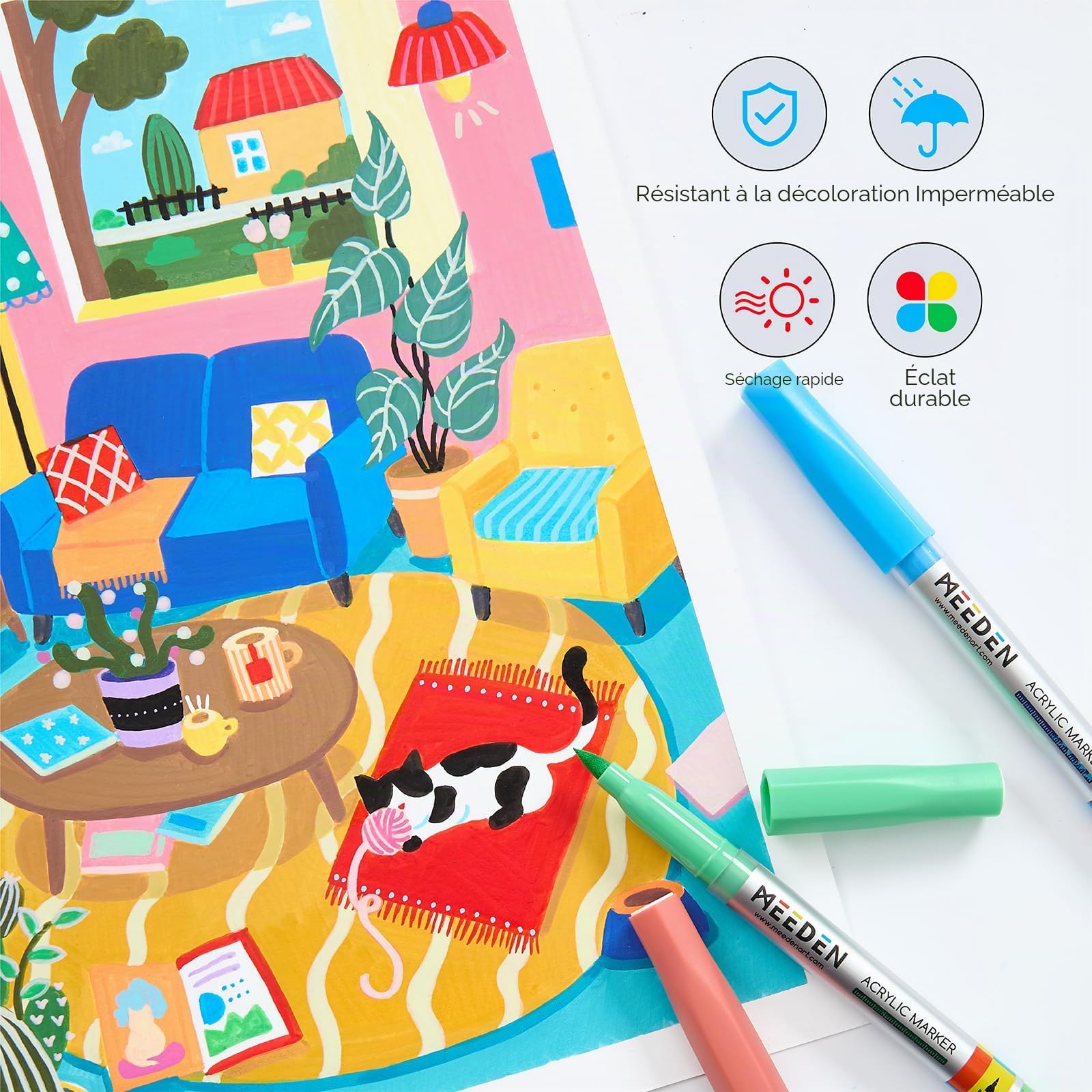 MEEDEN Marqueurs de couleurs acryliques avec pointe pinceau : 72 couleurs 7,5 ml Marqueur acrylique grande capacité avec contrôle automatique de l'encre – Crayons de peinture acryliques imperméables