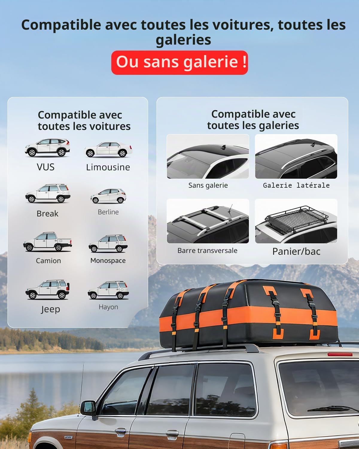 Abahub 850L Coffre de Toit Pliable, Design Étanche Matériau 840D, Universel pour Tous Les Modèles avec/sans Porte-Bagages, avec Crochets de Portière Base Antidérapante Inclus,Grande Capacité