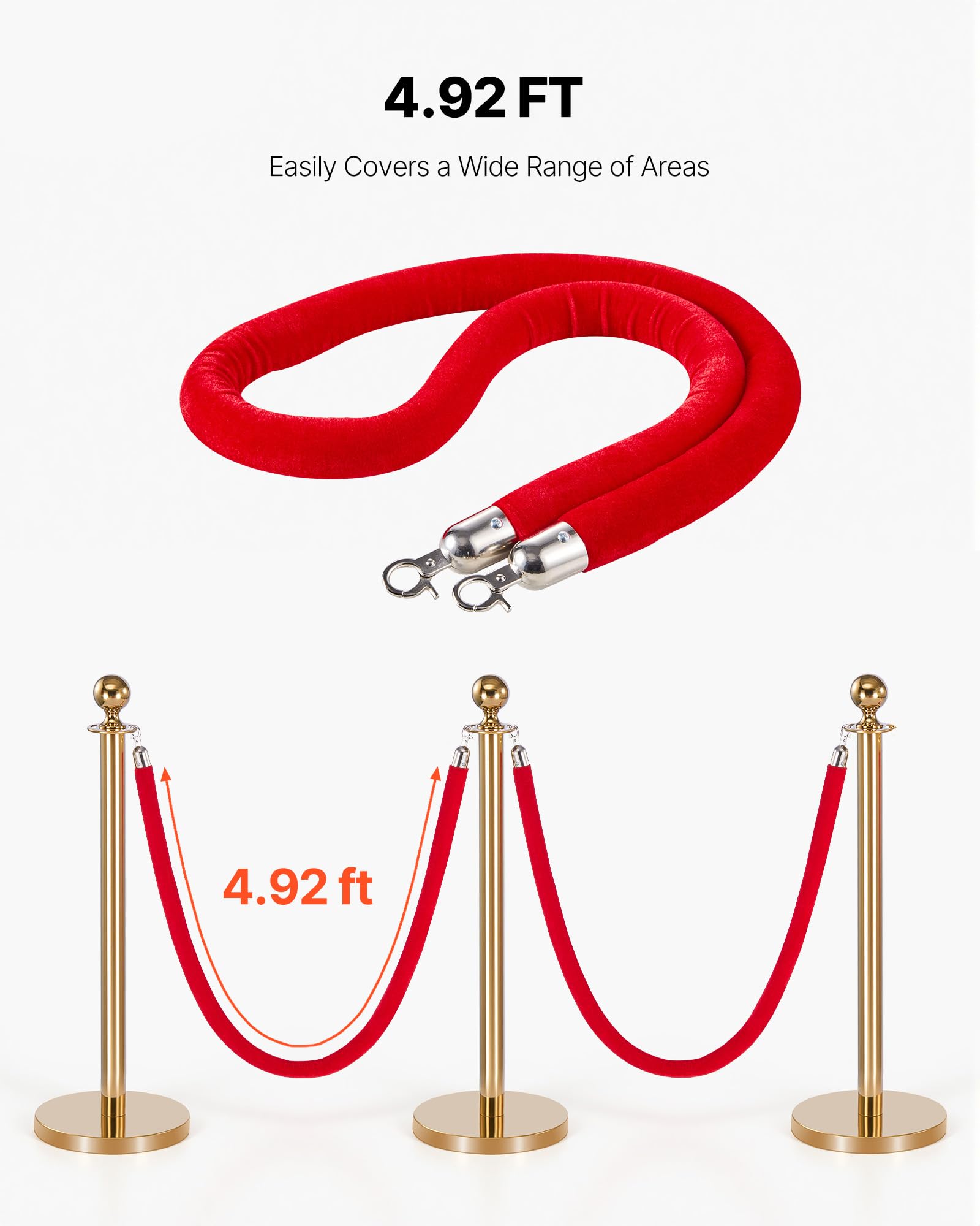 VEVOR Cordone Intrecciato per Paletti Divisori in Velluto Rosso, 2 Pezzi, Corde per Pali di Controllo della Folla da 1,5 m con Ganci Argentati, Corda per Moquette per Eventi su Feste, Cinema