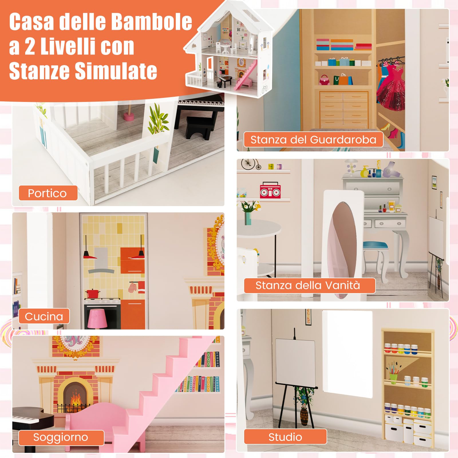 COSTWAY Casa delle Bambole in Legno per Bambini, Casetta delle Bambole con Stanze e Set di Mobili, 2 Grandi Lucernari e Carta da Parati, Regalo per Bambini 3+ Anni