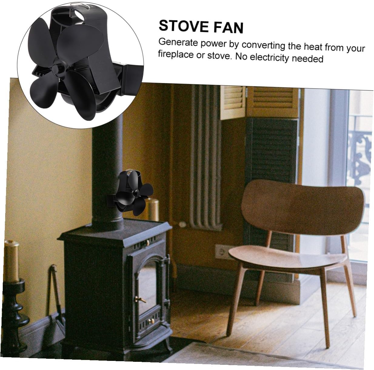 Heat Powered Stove Fan with 4-blade Thermal Power Fireplace Fan, Black High-temperature Magnetic Eco-friendly Fireplace Stove Accessory for Home Heating