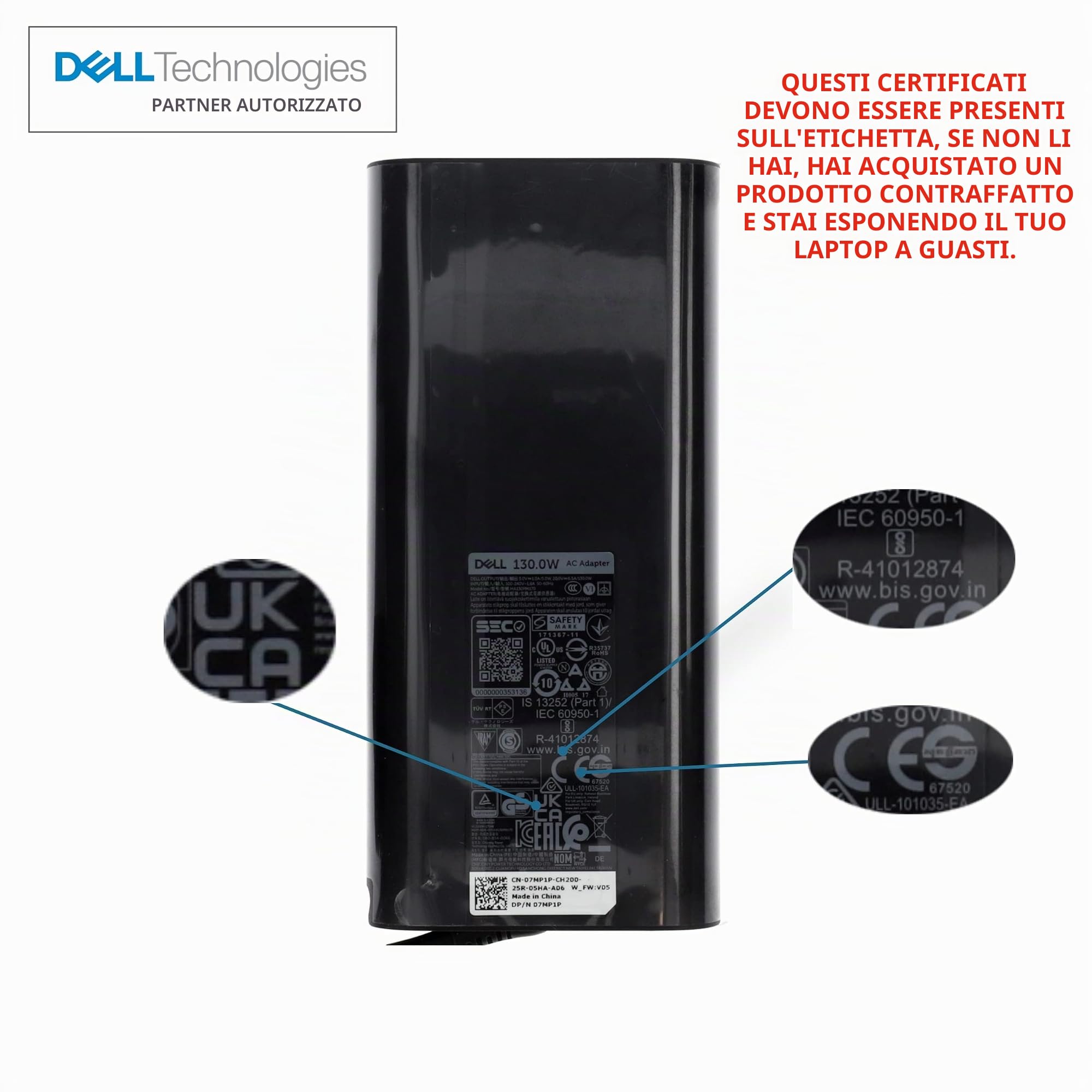 Dell Adattatore Alimentatore Caricabatterie 130W USB-C Type-C 7MP1P K00F5 M0H25 DA130PM170 HA130PM170 XPS Latitude Precision Il cavo di alimentazione è incluso.