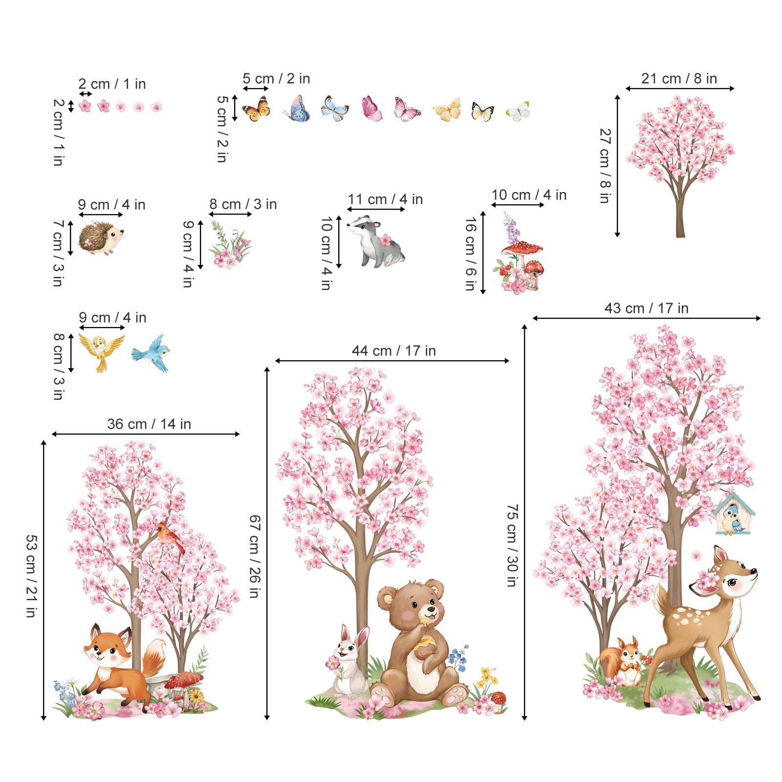 wondever Stickers Muraux Enfants Fille Fleurs de Cerisier Arbre Grand Autocollants Muraux Mural Stickers Foret Animaux Ours Cerf Renard pour Chambre Bébé Fille Pépinière