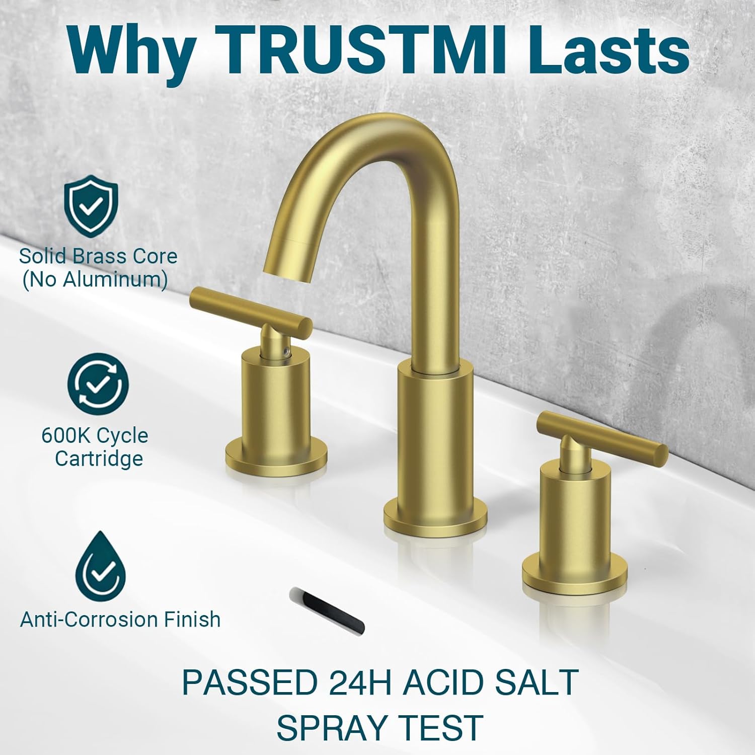 TRUSTMI Bathroom Faucet 3 Hole Brushed Gold - 8 Inch Widespread Brass Bathroom Vanity Sink Faucets in Gold with Swivel Spout, Include Overflow Drain and cUPC Supply Lines - Image 3