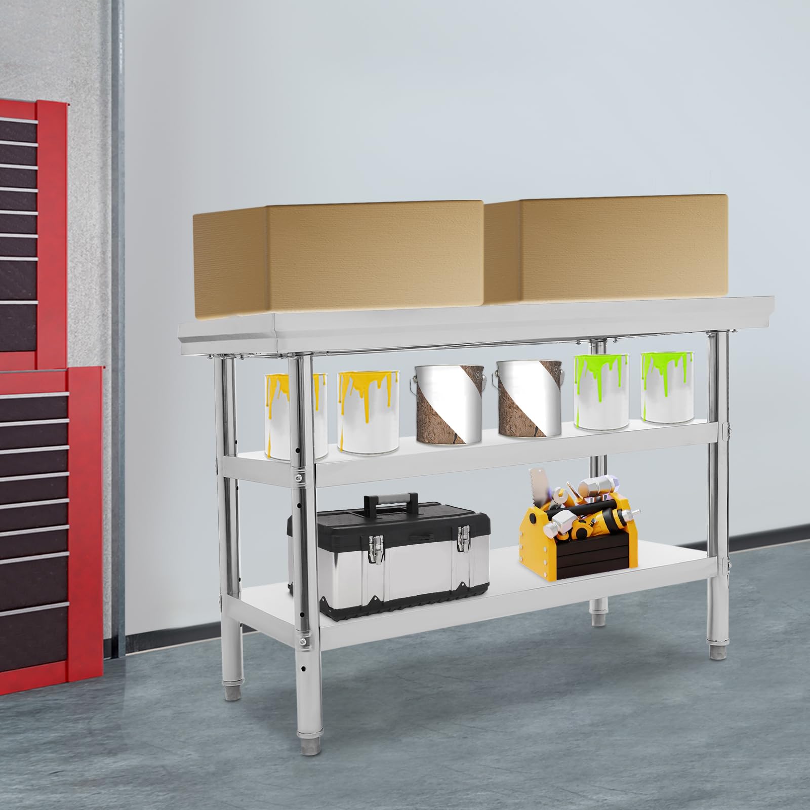 Tavolo da lavoro in acciaio inox, 3 ripiani, 120 x 60 x 90 cm | Tavolo da lavoro da cucina commerciale, portata fino a 100 kg, per cucine, garage, giardini