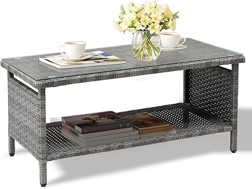 Miniatura 8 de VINGLI Mesa de centro de mimbre para exteriores con 2 cajones y parte superior de vidrio templado, mesa de centro de patio al aire libre para Con