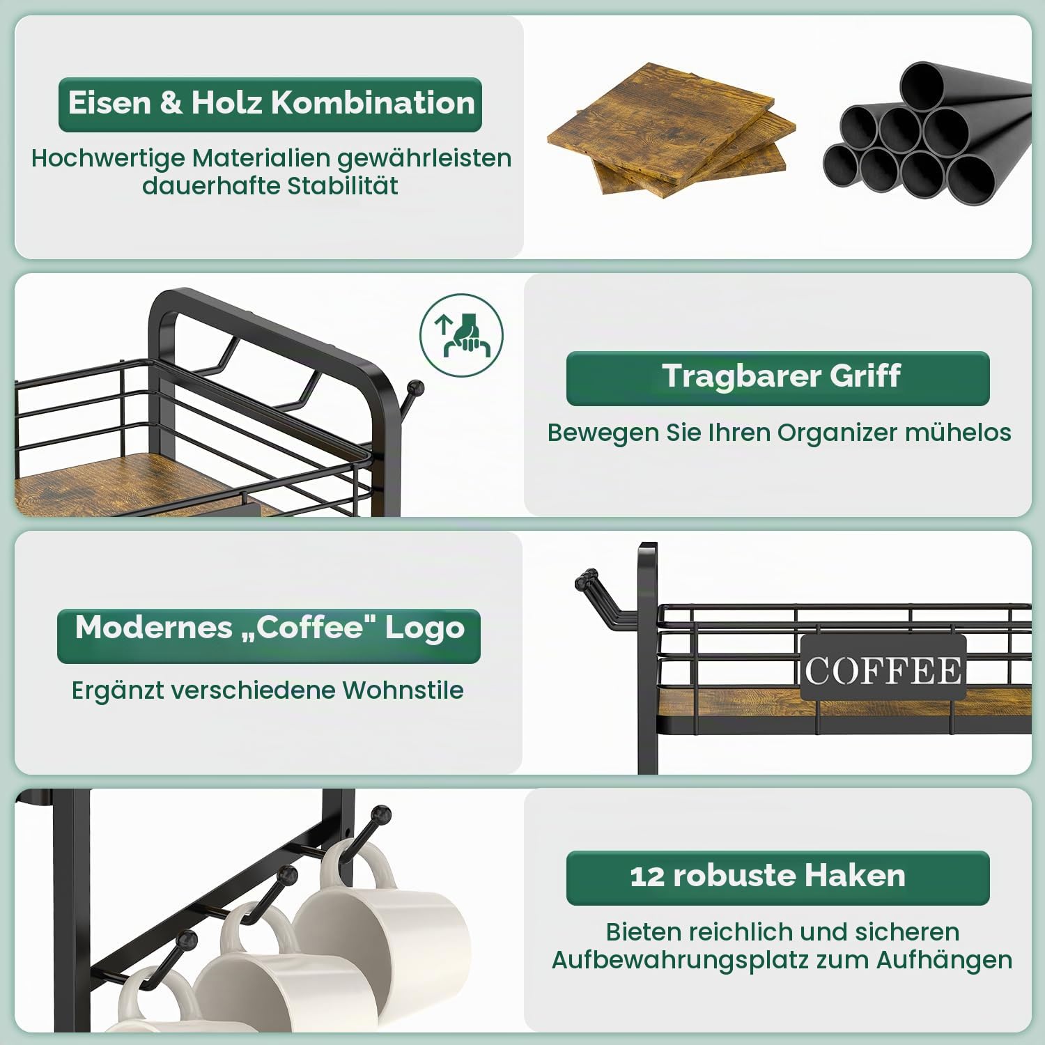 EsLuker.ly 3-stufig Tassenhalter und Tassenregal mit Schublade, Kaffee Regal Organizer für Theke, Coffee Bar Organizer with Tassen Regal, Tassenhalter Stehend, Ideal für Küchen
