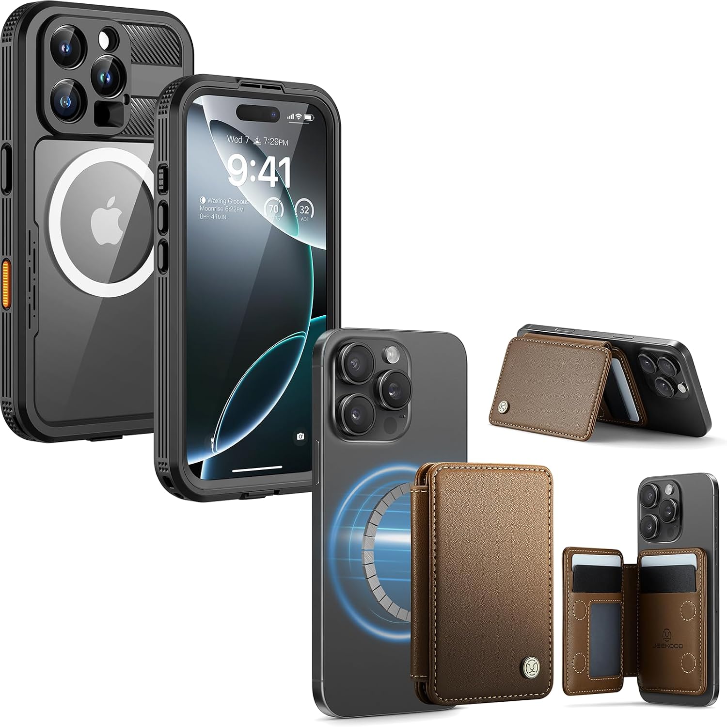 Lanhiem iPhone 16 Pro Max Protection Bundle - Waterproof Case & RFID Blocking Wallet Brown