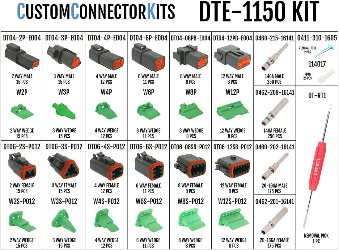 Deutsch DT Enhanced Seal Pro Connector Kit DTE-1150 Black W/Crimp Tool:Automotive Electrical Connectors 14-20 Gauge 1150 Piece Kit with 4-Way Indent Crimp Tool