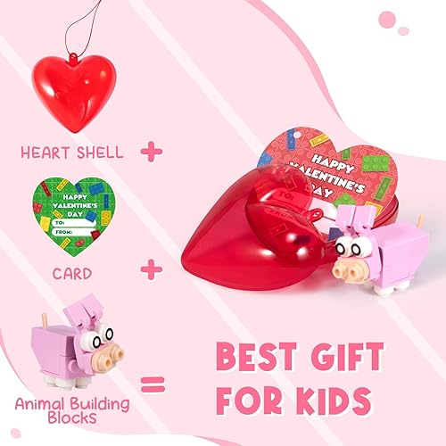 Miniatura 4 de Paquete de 24 regalos para el día de San Valentín para niños, corazones en el aula con bloques de construcción de animales con tarjetas del día de