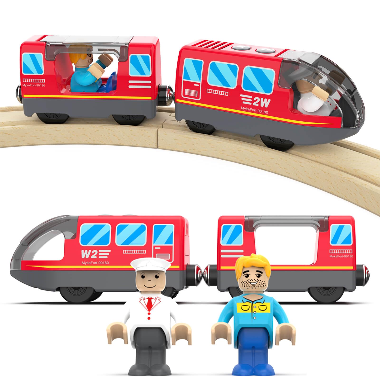 DxxD Battery Operated Wooden Track Train, Motorized Toy for 3-5+ Years Kids, Electric Set with Magnetic Connection Compatible with Thomas, Brio, Red