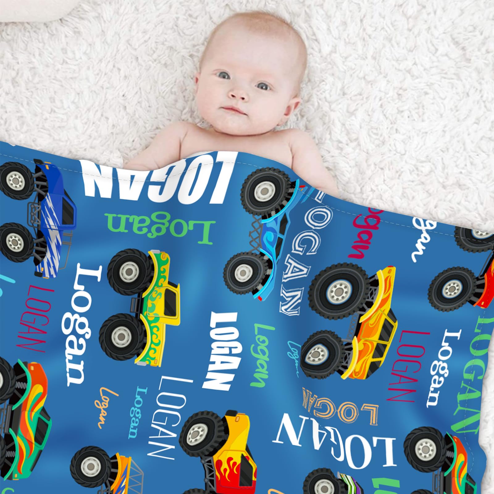 ZOTIMEF Custom Baby Blanket - Multi-Fonts Name with Monster Trucks Design - Personalized Flannel Blanket Soft Plush for Boys Girls Holidays Birthdays Gifts Color17