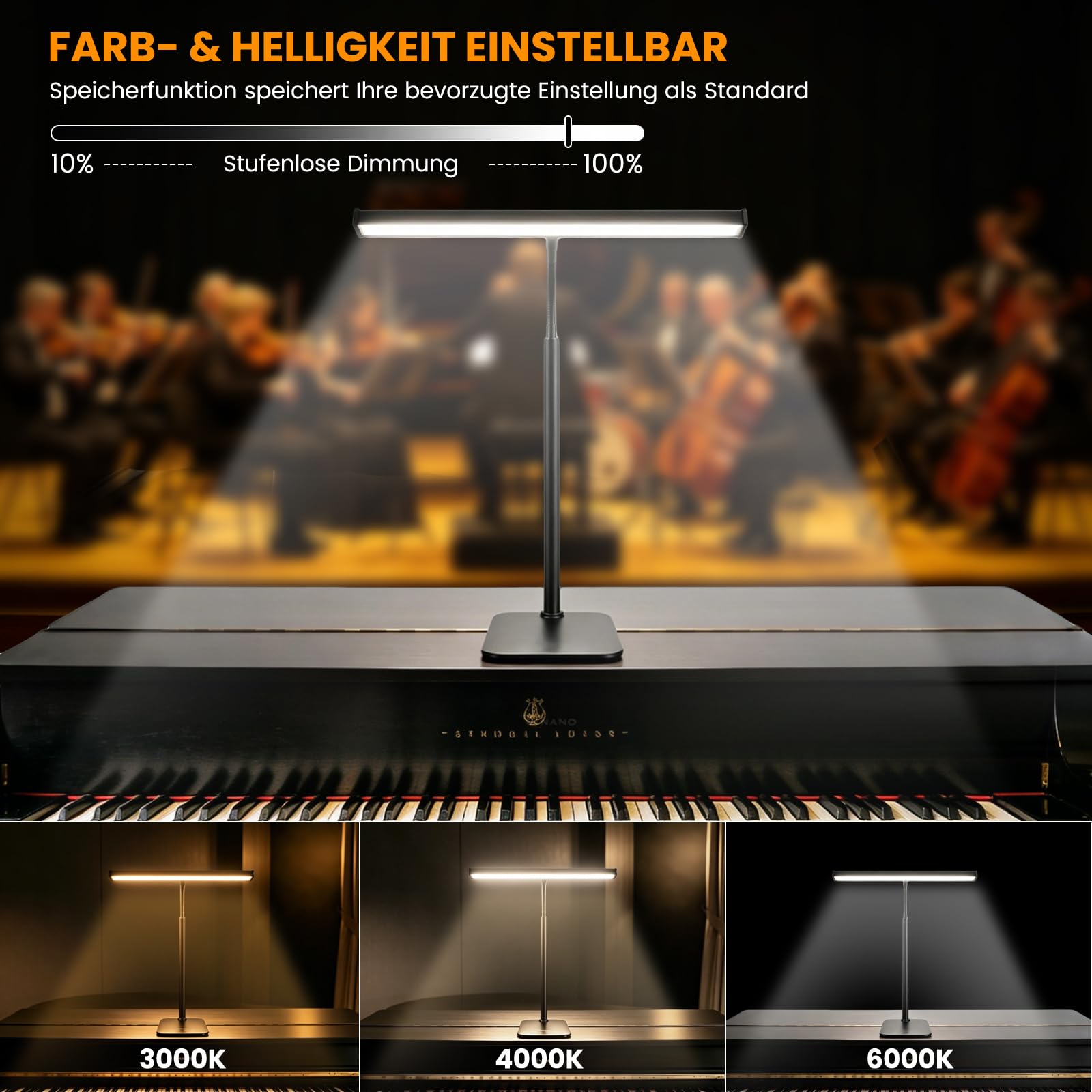LED Klavierlampe, 3 Farbmodi, 10 Helligkeitsstufen dimmbar, USB betrieben, 360 Grad flexibler Schlauch, stabiler Metallsockel, geeignet für Klavier, Flügel, E-Piano und Schreibtisch