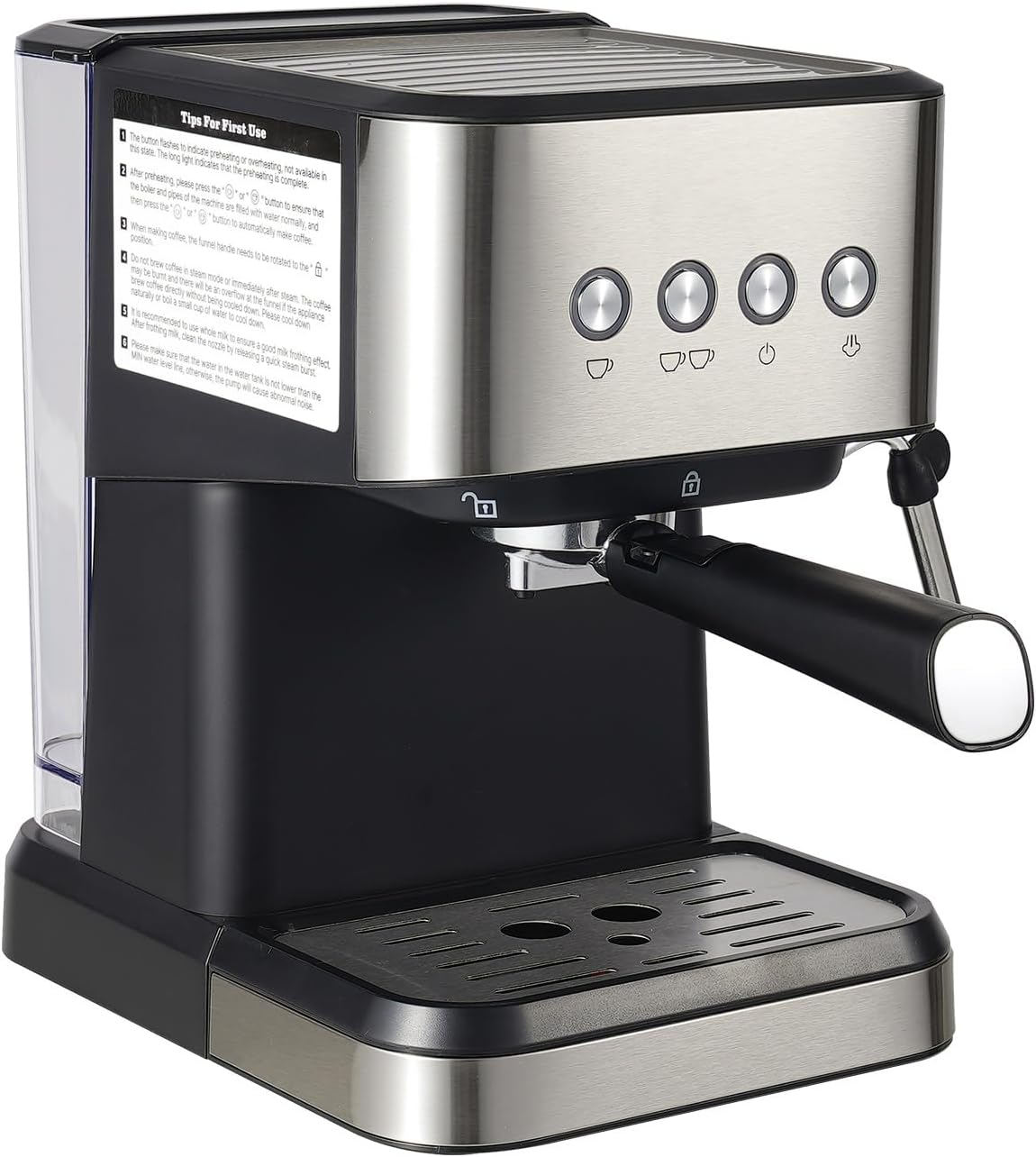 Semi-Automatic Espresso Coffee Machine Stainless Steel Small Drip Coffee Maker with Built-in Milk Frother and 15-20Bar Pump Single & Double Serve Coffee, 110V, 1050W