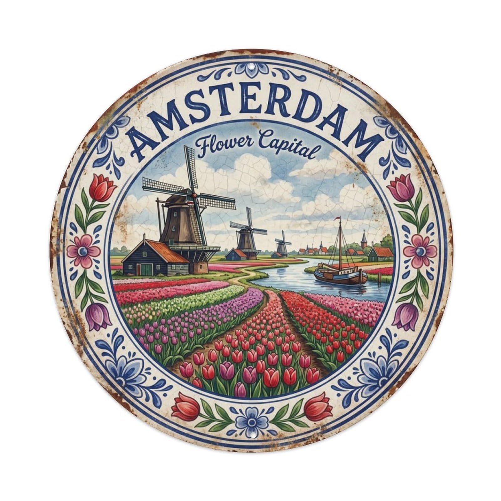 Vintage Travel Amsterdam Windmills Tulips Metal Tin Sign Plaque Wall Decor for Cafe, Club Bar, Office, Home Garden Round Metal Poster 8x8Inch