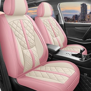 otoez Pink Car Seat Covers Full Set, Universal Leather Seat Cover 5 Seat Waterproof & Breathable Automotive Seat Protector Full Coverage for Cars Sedens, Trucks, SUVs, Vans Pink & White | Fits Sedans Trucks SUVs Vans Breathable Protector Full Coverage Pink White Leather Car Seat Covers Full Set 5 Seats
