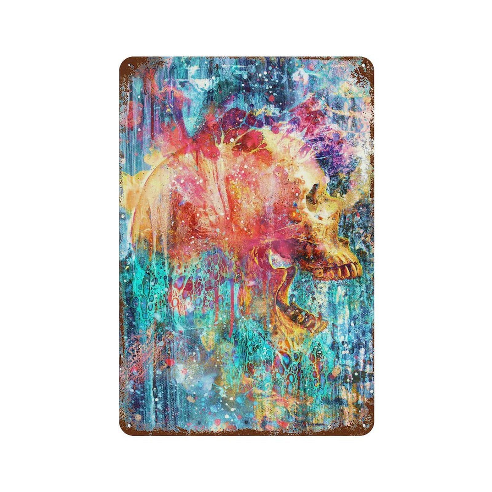 Splatter Skull Rust Effect Tin Sign 11.8"x7.9", Vintage Wall Decor for Bistro, Counter And Cafe Decor