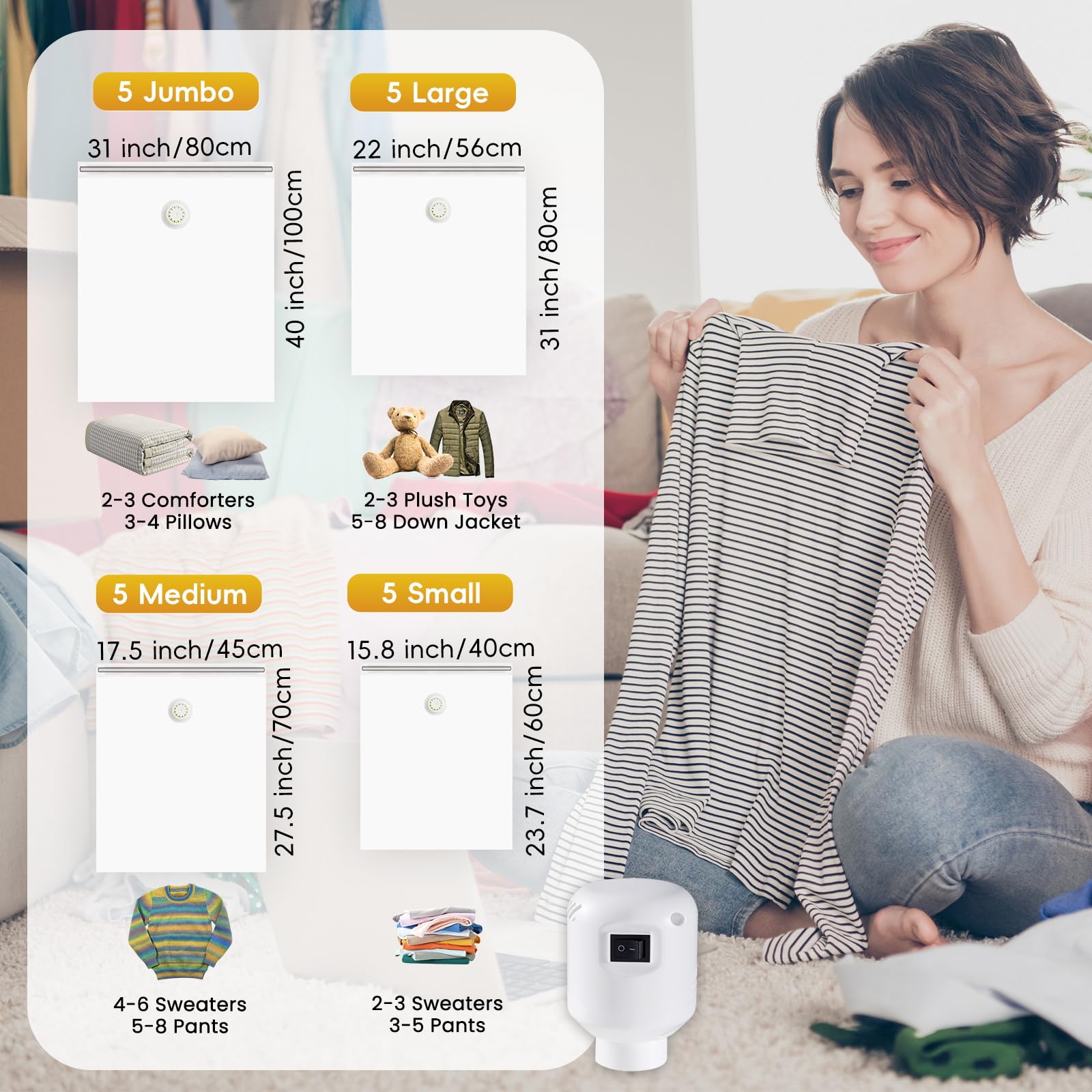 Vacuum Storage Bags with Electric Air Pump, 20 Pack (5 Jumbo, 5 Large, 5 Medium,5 Small) Space Saver Bag, Space Saver Bag, Vacuum Sealer Bags for Clothes, Blanket, Duvets, Pillows, Comforters, Travel