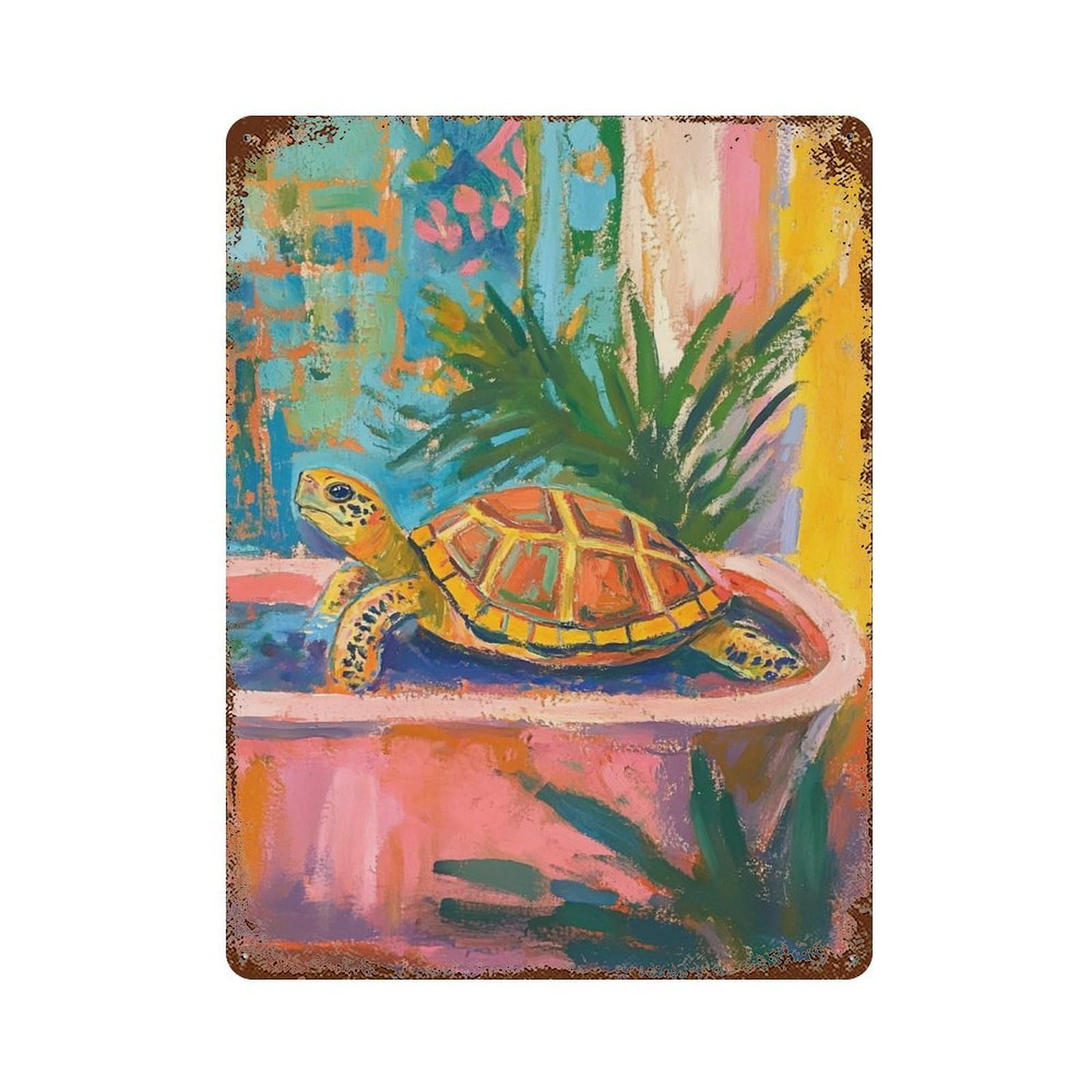 Colorful Turtle Painting Artwork Vintage Rust Metal Sign 15.7"x11.8", Classic Wall Plaque for Garage, Pub Or Kitchen