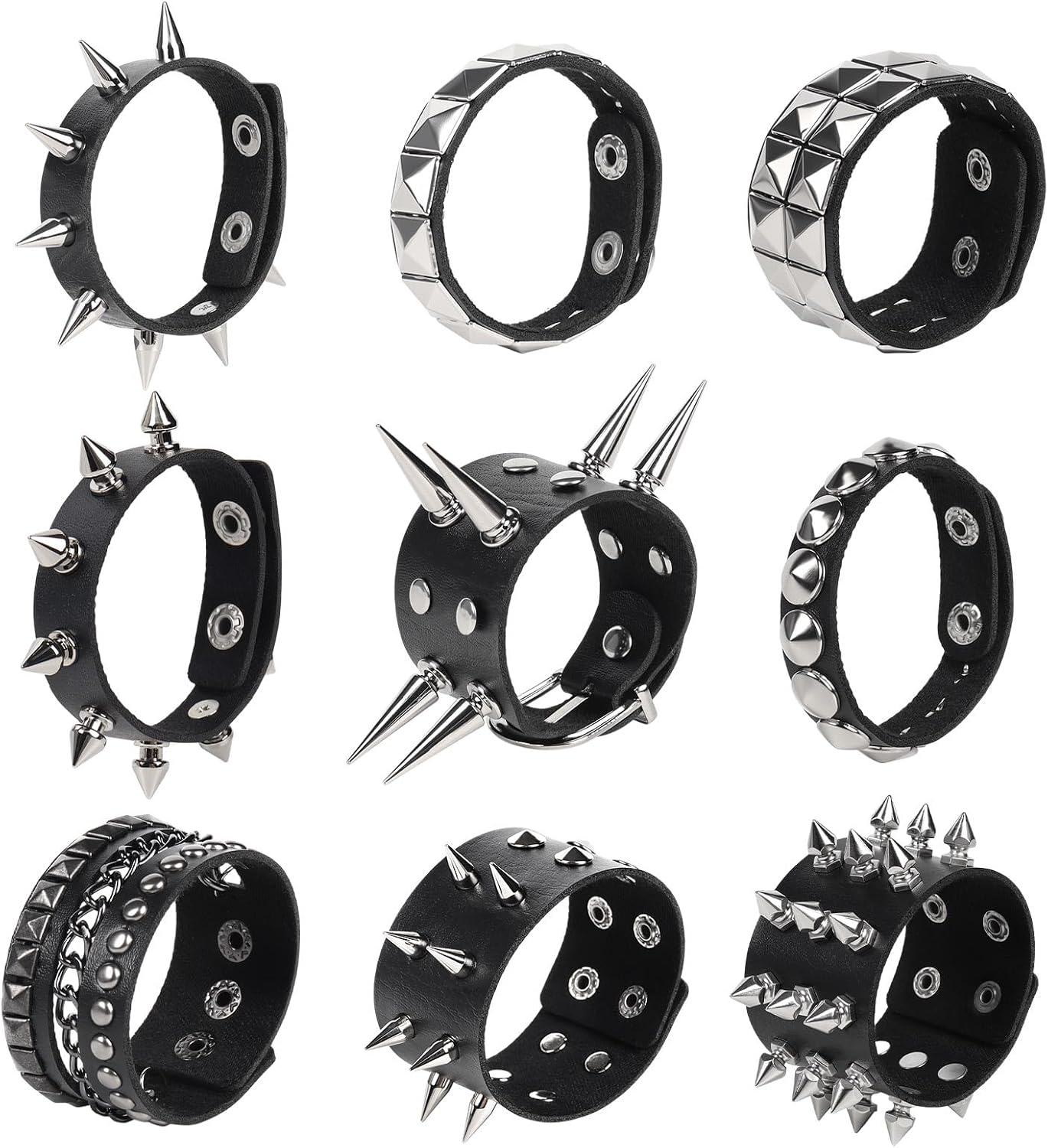 Punk Leather Rivets Bracelets Punk Rock Leather Studded Bracelets 80s Wristband Emo Gothic Spike Cuff Bracelet Set for Men Women Rocker Outfits Skull Bracelet