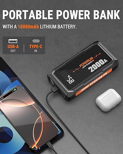 Miniatura 5 de Powrun P-X Jump Starter, caja de salto portátil de 2000 A - Paquete de baterías de arranque de coche para motores de gasolina de hasta 6.0L y 5.0L