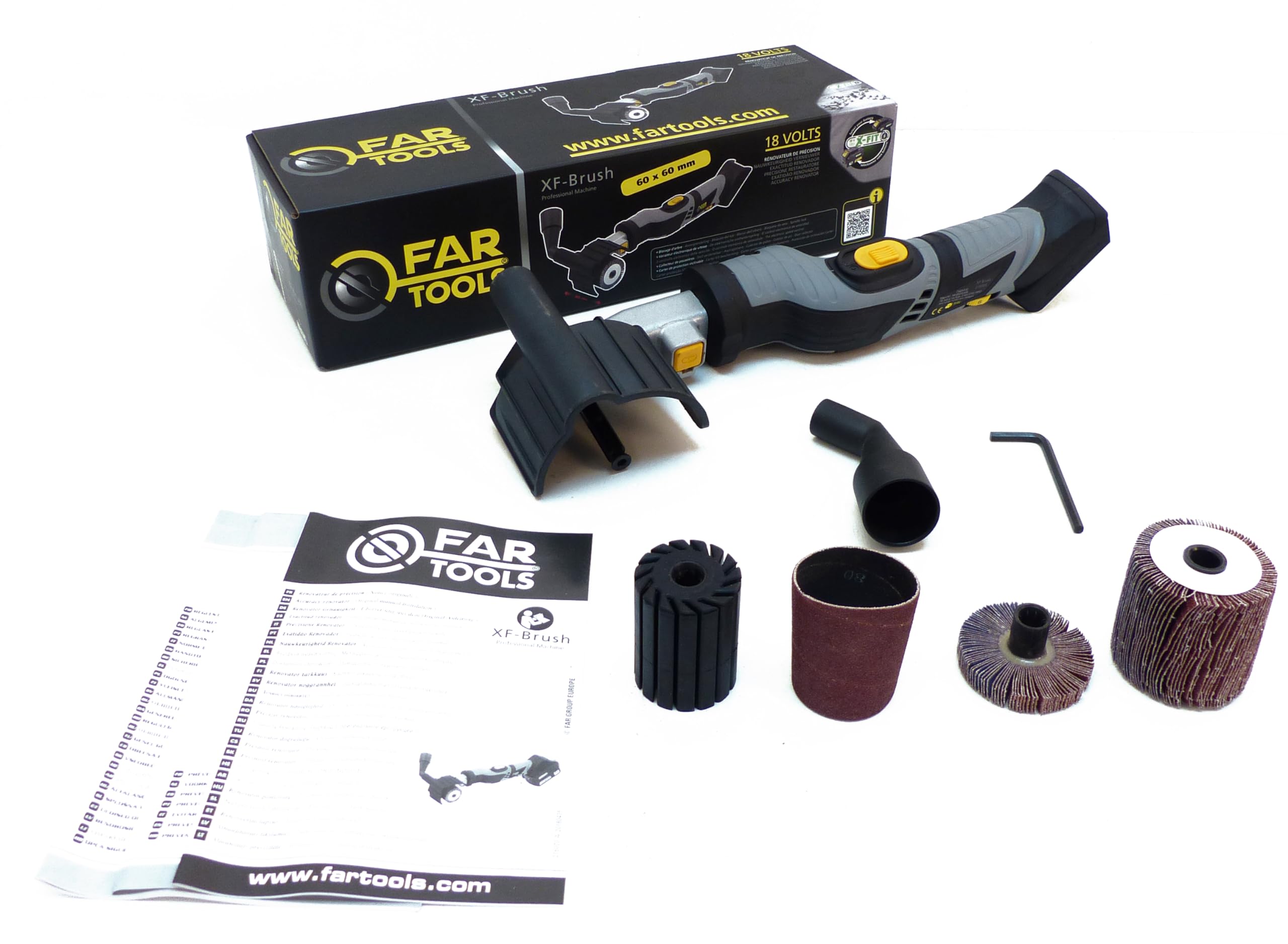 Fartools XF-BRUSH Rénovateur de précision sans fil 18V, Variateur vitesse 1600-3000tr/min, livré avec 1 rouleau à lamelles abrasives Ø60mm L60mm